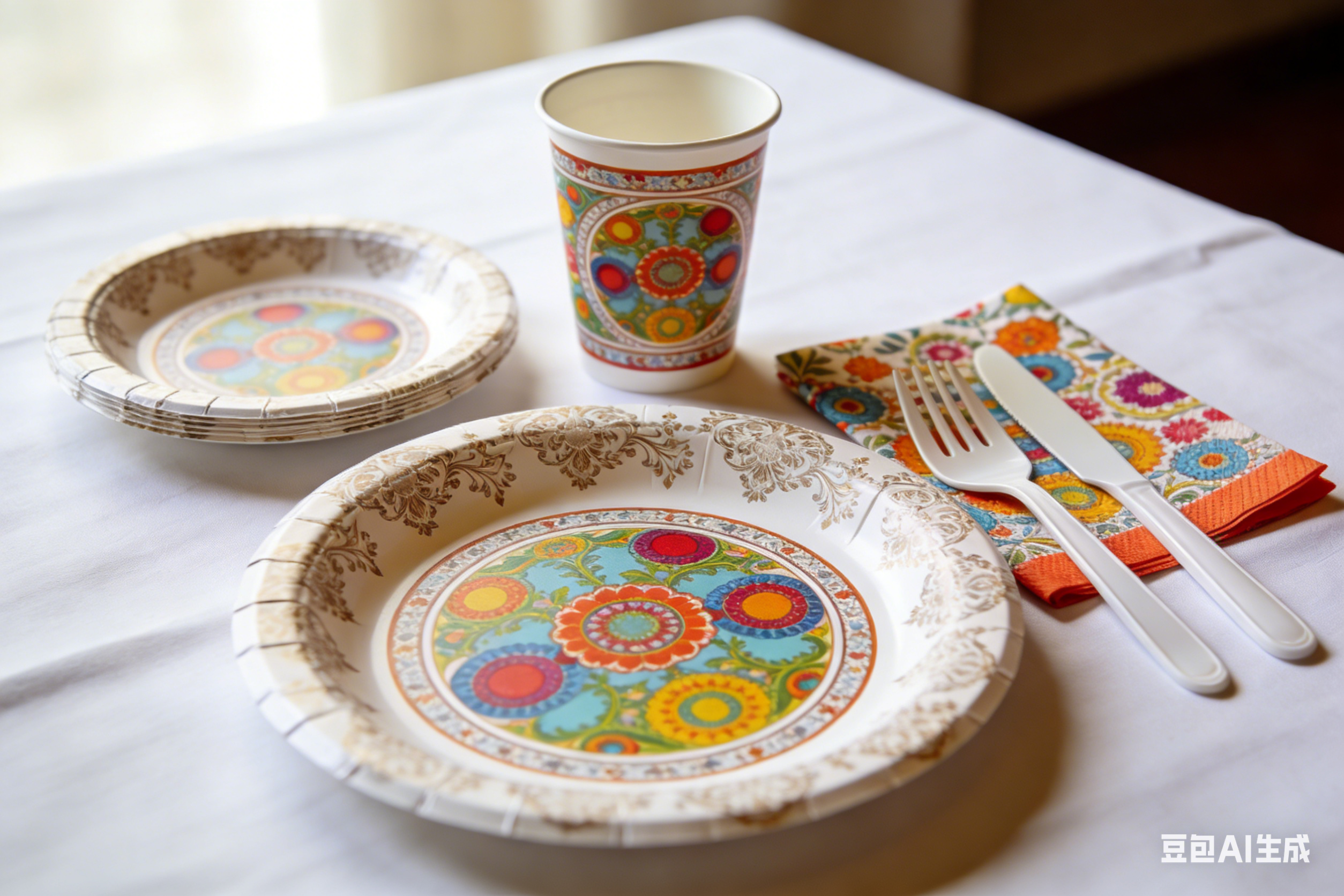 A close-up shot of high-quality printed party plates with vibrant colors and crisp foil stamping.